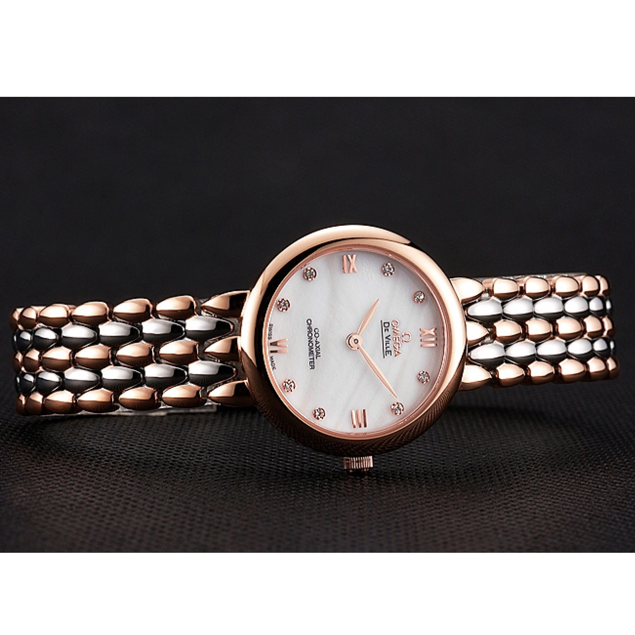 1015 Omega De Ville Prestige No Date White Dial With Diamonds Rose Gold Case Two Tone Bracelet